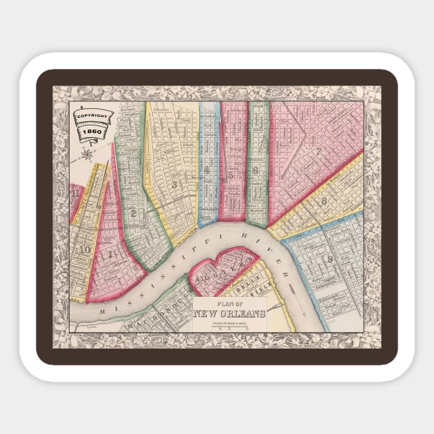 Vintage Map of New Orleans 1860 Sticker by xposedbydesign